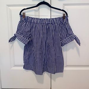 Gingham Off-the-Shoulder Top with Tie Sleeve